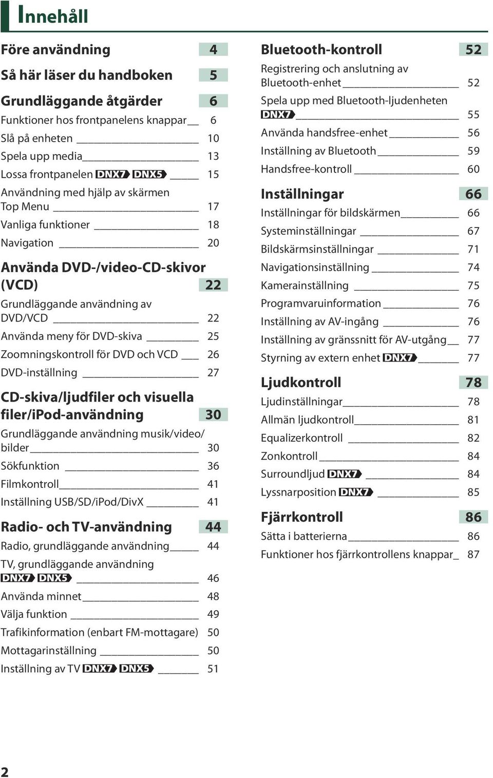 26 DVD-inställning 27 CD-skiva/ljudfiler och visuella filer/ipod-användning 30 Grundläggande användning musik/video/ bilder 30 Sökfunktion 36 Filmkontroll 41 Inställning USB/SD/iPod/DivX 41 Radio-