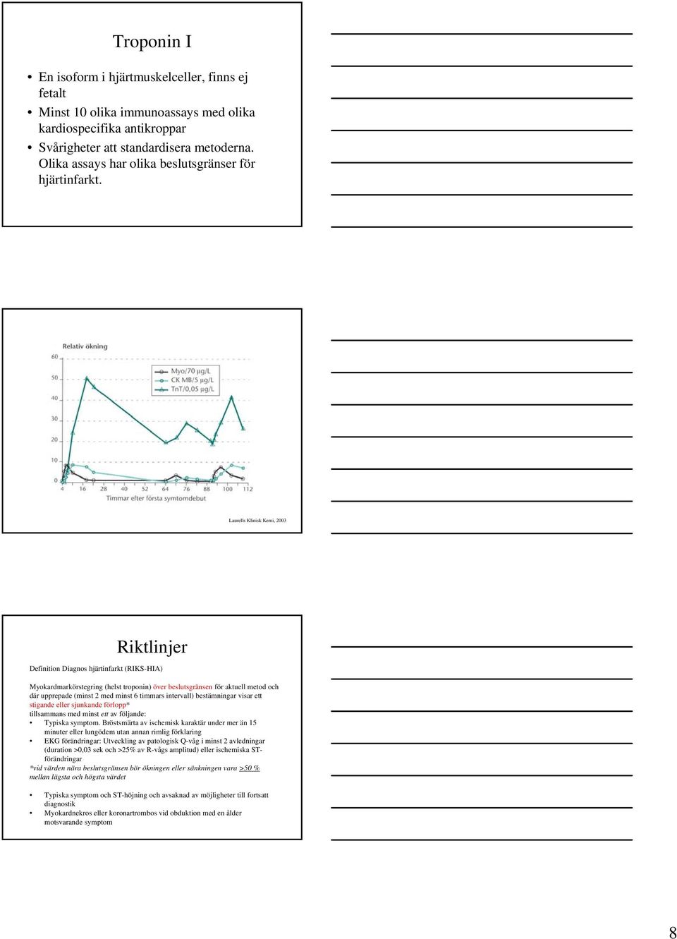 Laurells Klinisk Kemi, 2003 Riktlinjer Definition Diagnos hjärtinfarkt (RIKS-HIA) Myokardmarkörstegring (helst troponin) över beslutsgränsen för aktuell metod och där upprepade (minst 2 med minst 6