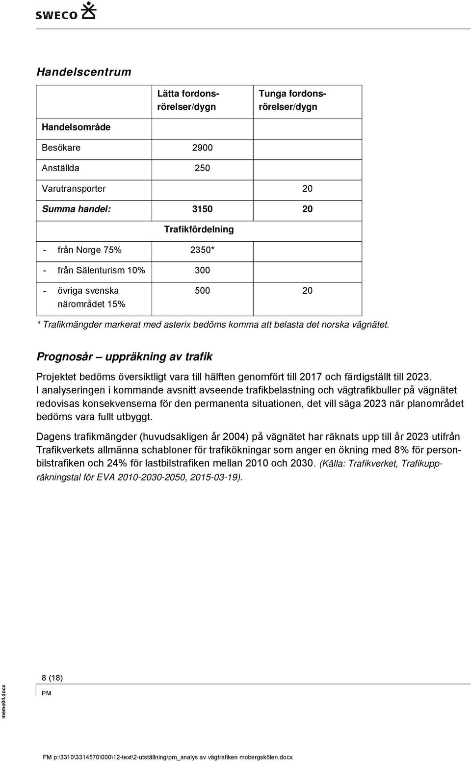 Prognosår uppräkning av trafik Projektet bedöms översiktligt vara till hälften genomfört till 2017 och färdigställt till 2023.