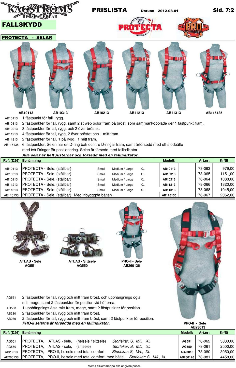 AB11213 4 fästpunkter för fall, rygg, 2 över bröstet och 1 mitt fram. AB11313 2 fästpunkter för fall, 1 på rygg, 1 mitt fram.