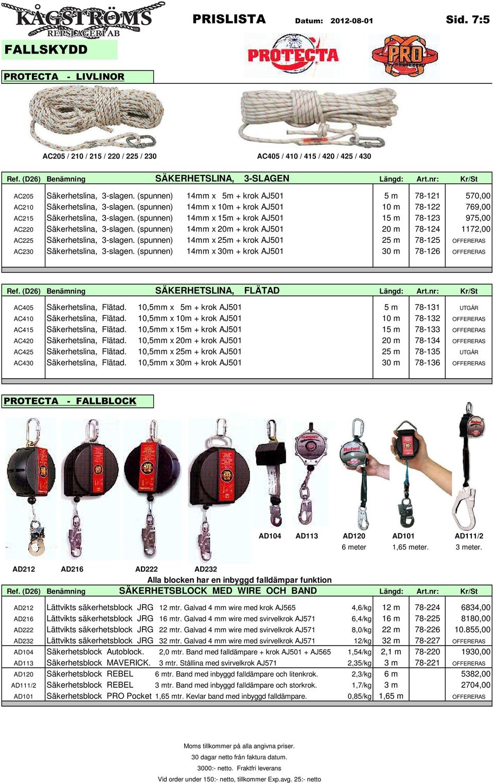 (spunnen) 14mm x 10m + krok AJ501 10 m 78-122 769,00 AC215 Säkerhetslina, 3-slagen. (spunnen) 14mm x 15m + krok AJ501 15 m 78-123 975,00 AC220 Säkerhetslina, 3-slagen.