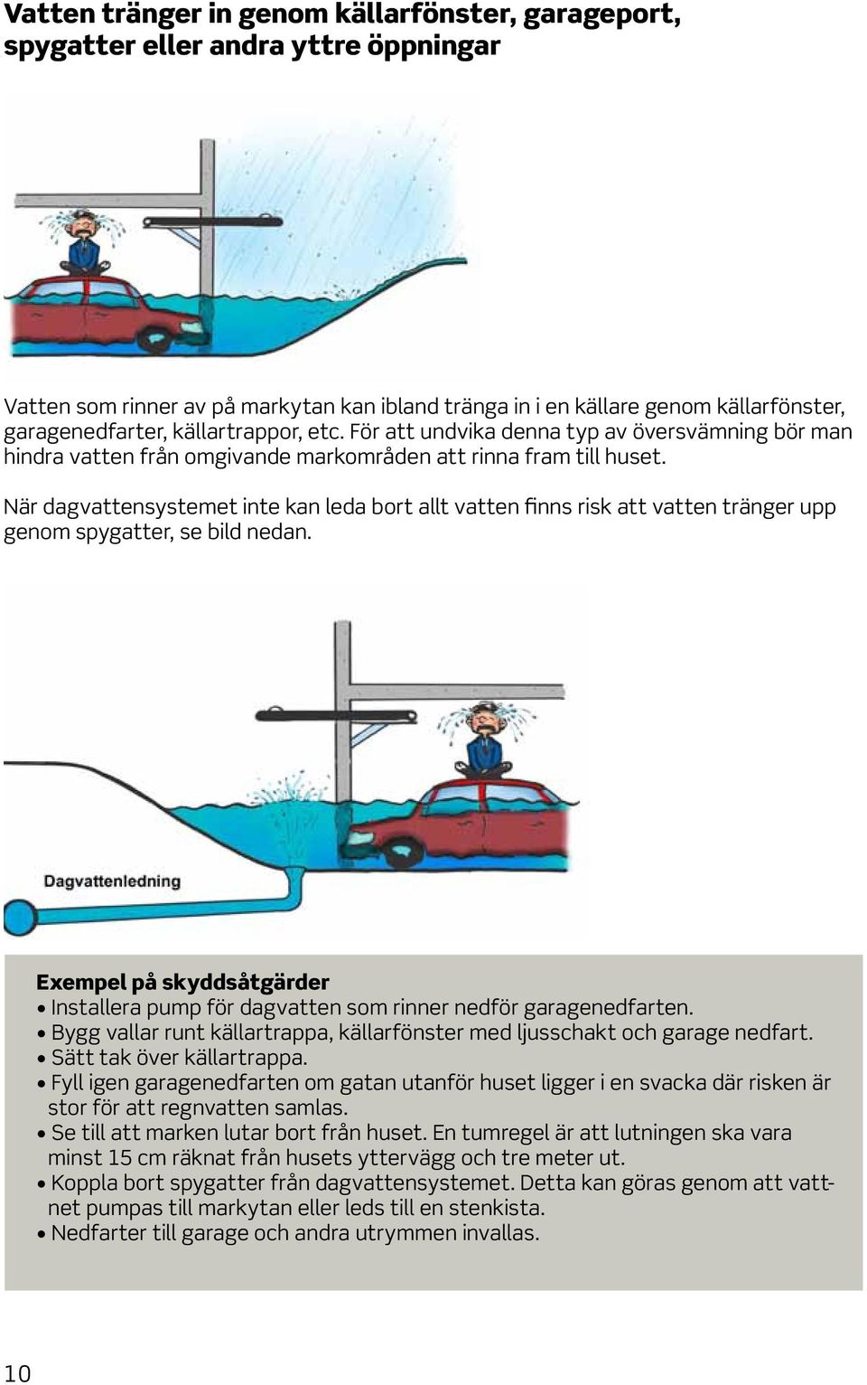 När dagvattensystemet inte kan leda bort allt vatten finns risk att vatten tränger upp genom spygatter, se bild nedan.