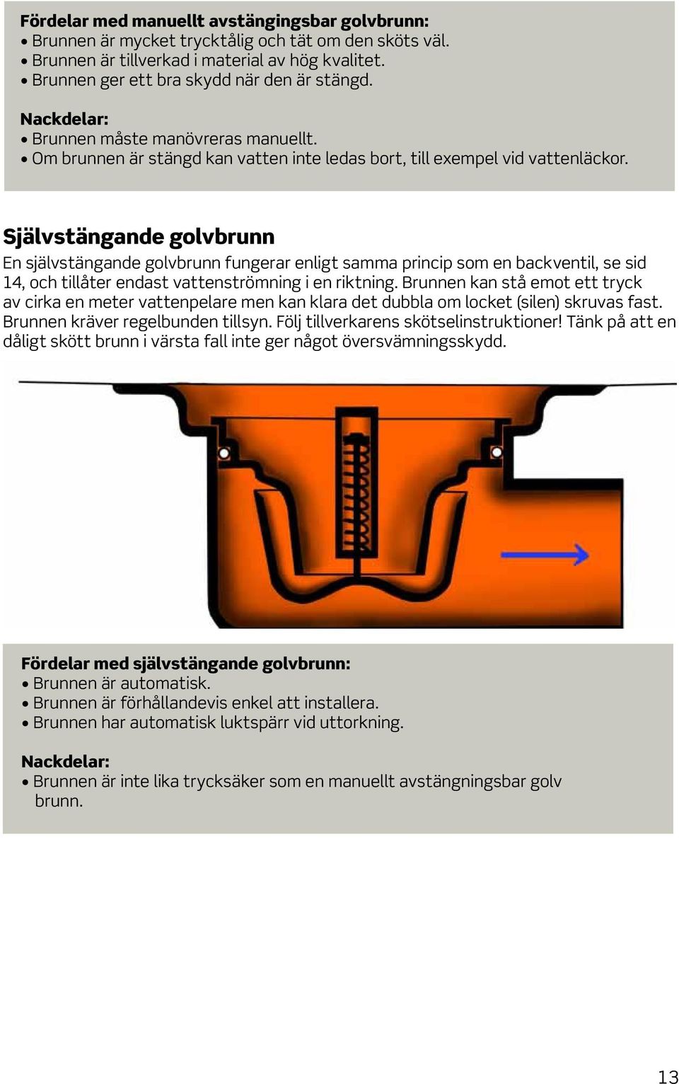 Självstängande golvbrunn En självstängande golvbrunn fungerar enligt samma princip som en backventil, se sid 14, och tillåter endast vattenströmning i en riktning.