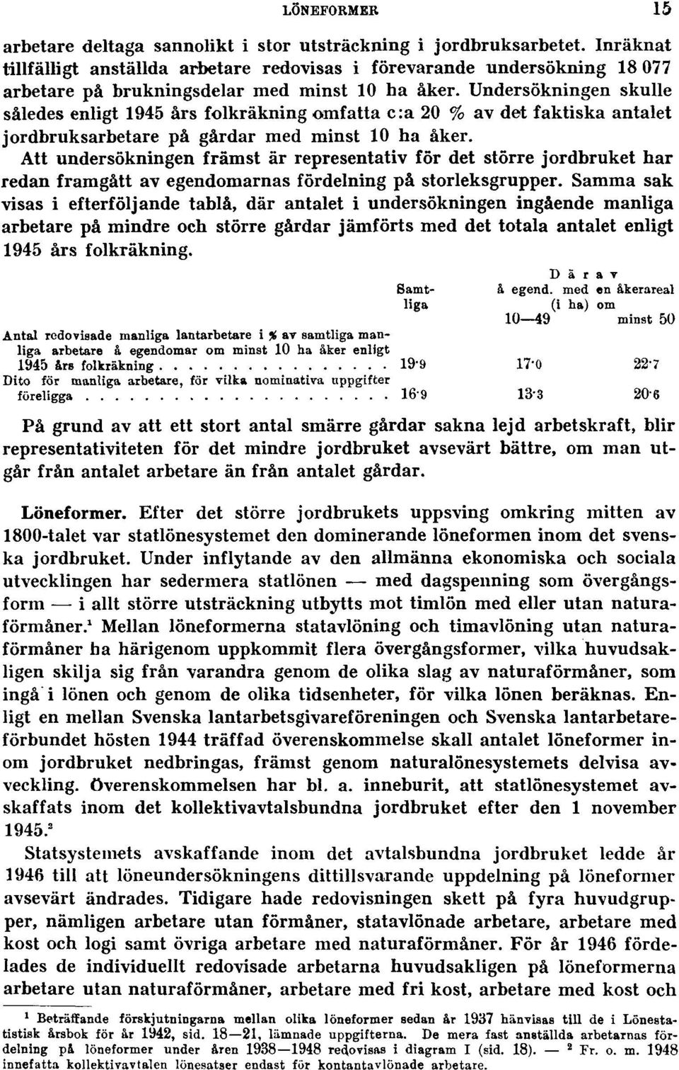 Undersökningen skulle således enligt 1945 års folkräkning omfatta c:a 20 % av det faktiska antalet jordbruksarbetare på gårdar med minst 10 ha åker.