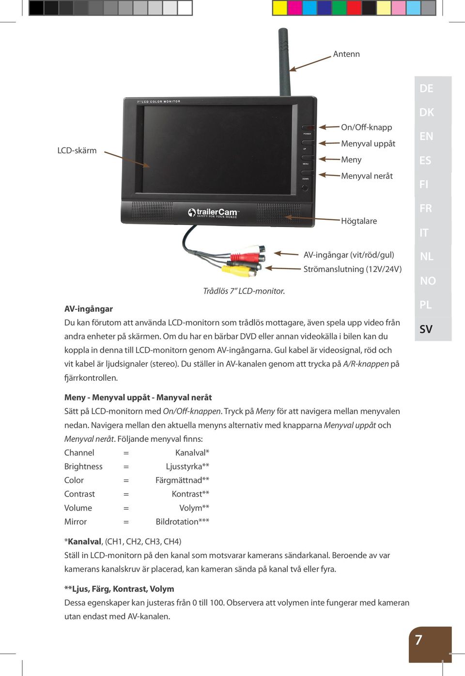 Om du har en bärbar DVD eller annan videokälla i bilen kan du koppla in denna till LCD-monitorn genom AV-ingångarna. Gul kabel är videosignal, röd och vit kabel är ljudsignaler (stereo).