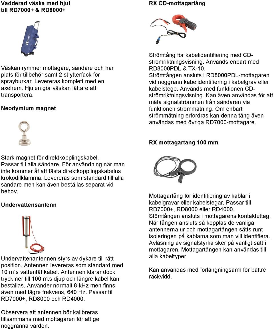 Strömtången ansluts i RD8000PDL-mottagaren vid noggrann kabelidentifiering i kabelgrav eller kabelstege. Används med funktionen CDströmriktningsvisning.