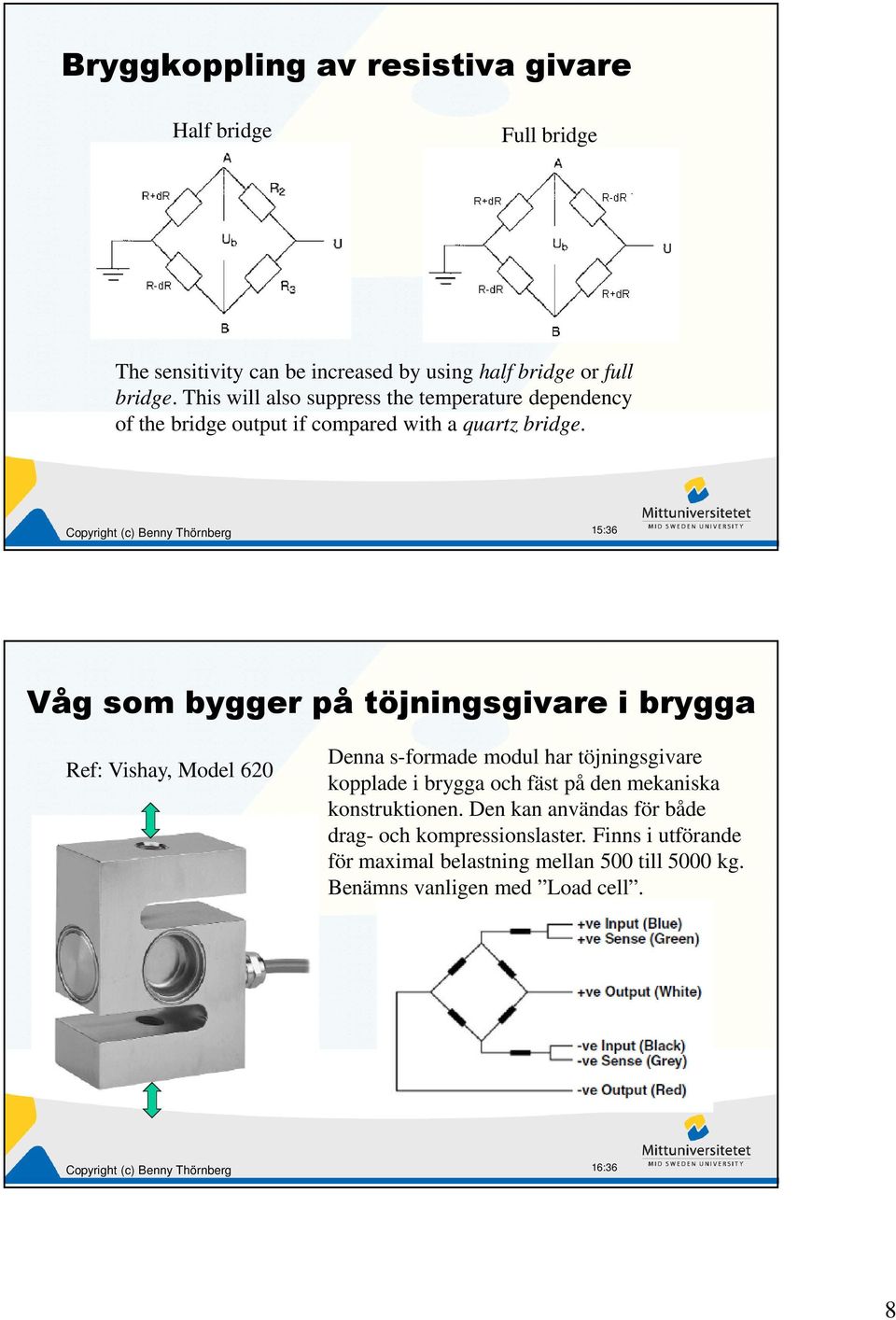 5:36 Våg som bygger på töjningsgivare i brygga Ref: Vishay, Model 60 Denna s-formade modul har töjningsgivare kopplade i brygga och fäst på