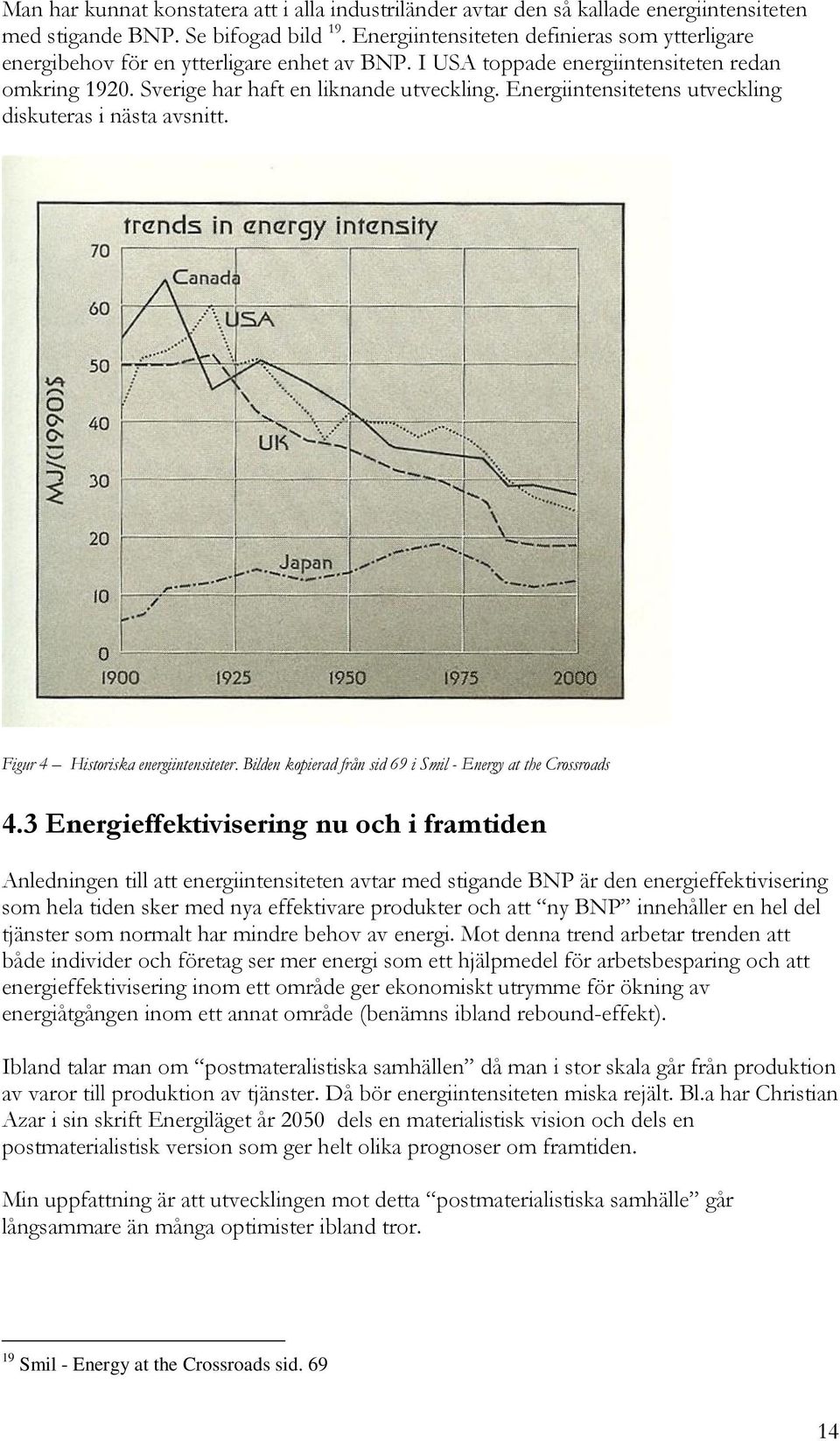 Energiintensitetens utveckling diskuteras i nästa avsnitt. Figur 4 Historiska energiintensiteter. Bilden kopierad från sid 69 i Smil - Energy at the Crossroads 4.