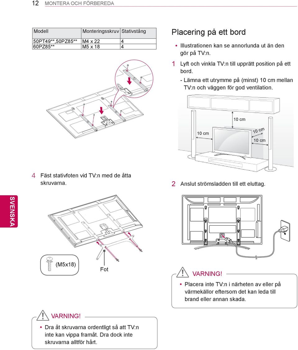 10 cm 10 cm m 10 c 10 cm 4 Fäst stativfoten vid TV:n med de åtta skruvarna. 2 Anslut strömsladden till ett eluttag. SVENSKA ENG (M5x18) Fot VARNING!
