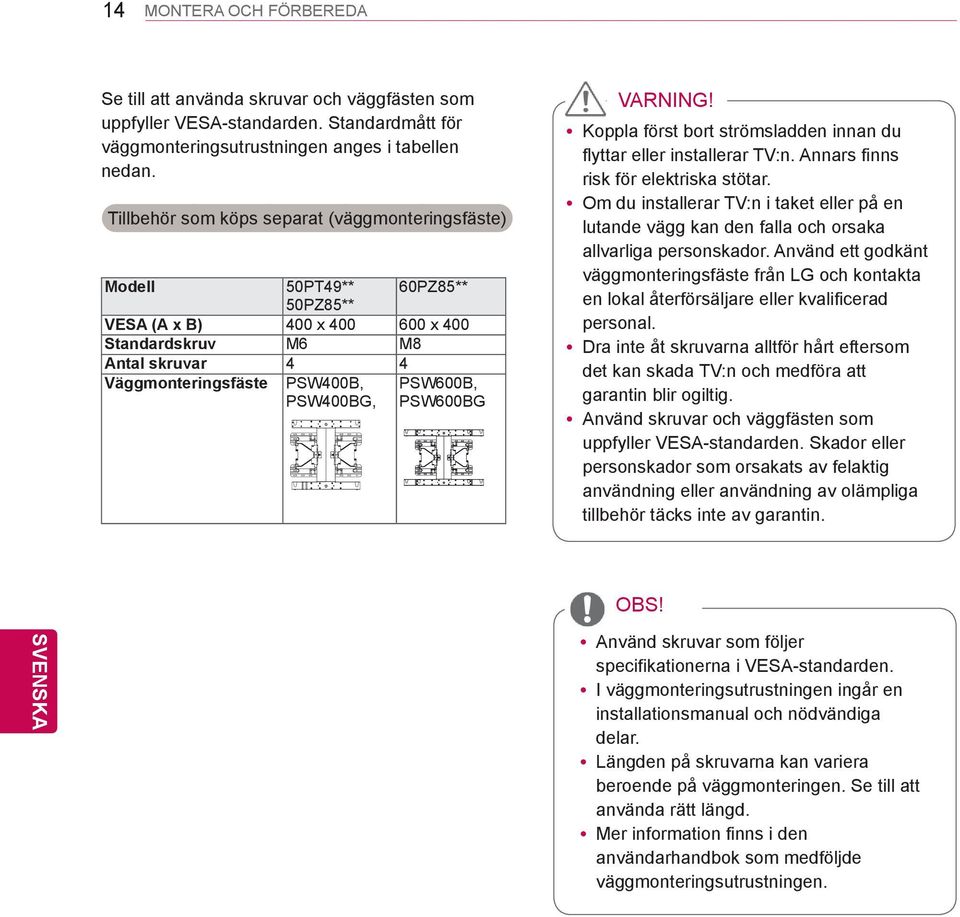 PSW600B, PSW600BG VARNING! ykoppla först bort strömsladden innan du flyttar eller installerar TV:n. Annars finns risk för elektriska stötar.