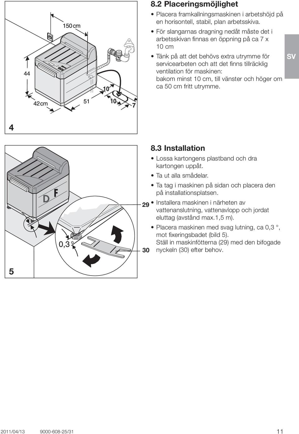 maskinen: bakom minst 10 cm, till vänster och höger om ca 50 cm fritt utrymme. 4 D 29 30 8.3 Installation Lossa kartongens plastband och dra kartongen uppåt. Ta ut alla smådelar.
