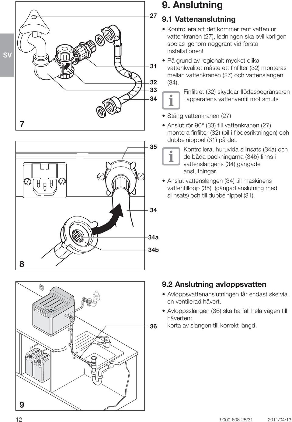 Finfiltret (32) skyddar flödesbegränsaren i apparatens vattenventil mot smuts 7 35 34 Stäng vattenkranen (27) Anslut rör 90 (33) till vattenkranen (27) montera finfilter (32) (pil i flödesriktningen)