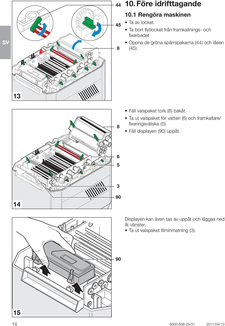 11 13 8 Fäll valspaket tork (8) bakåt. Ta ut valspaket för vatten (6) och framkallare/ fixeringsvätska (5).