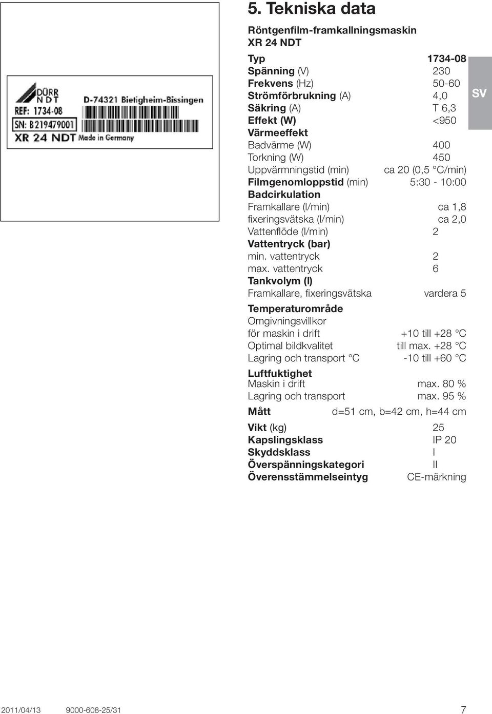 (bar) min. vattentryck 2 max. vattentryck 6 Tankvolym (l) Framkallare, fixeringsvätska vardera 5 Temperaturområde Omgivningsvillkor för maskin i drift +10 till +28 C Optimal bildkvalitet till max.