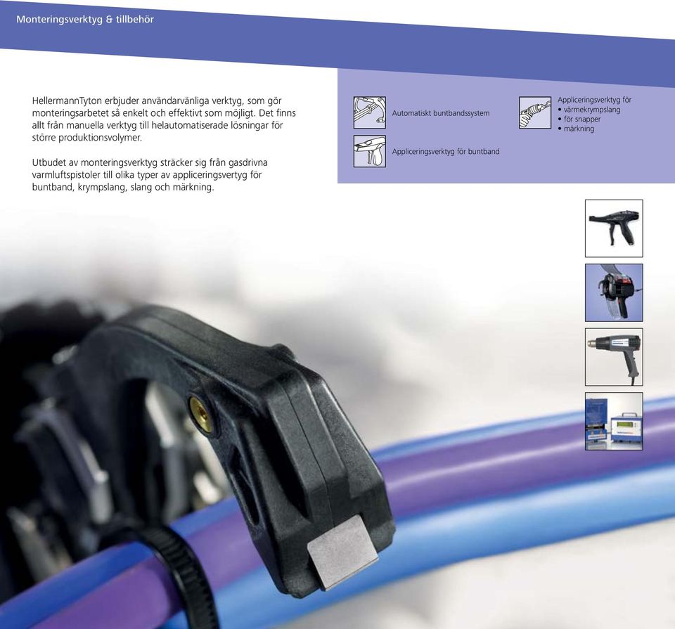 Utbudet av monteringsverktyg sträcker sig från gasdrivna varmluftspistoler till olika typer av appliceringsvertyg för buntband,
