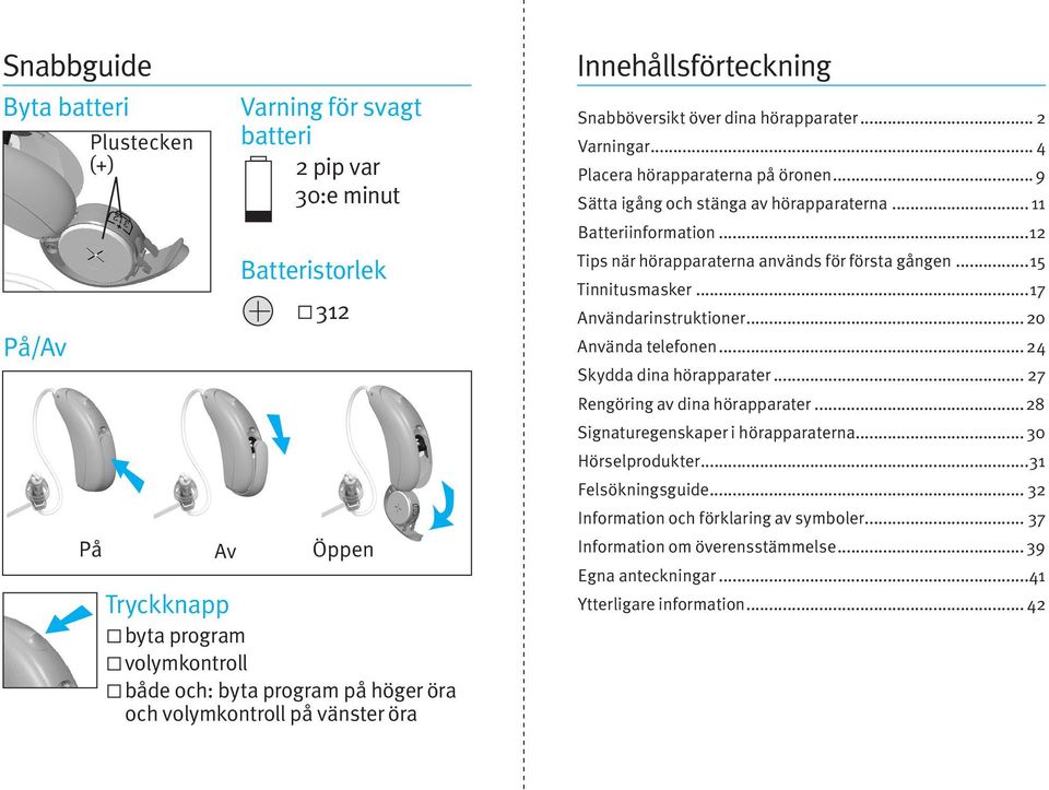 .. 11 Batteriinformation...12 Tips när hörapparaterna används för första gången...15 Tinnitusmasker...17 Användarinstruktioner...20 Använda telefonen... 24 Skydda dina hörapparater.