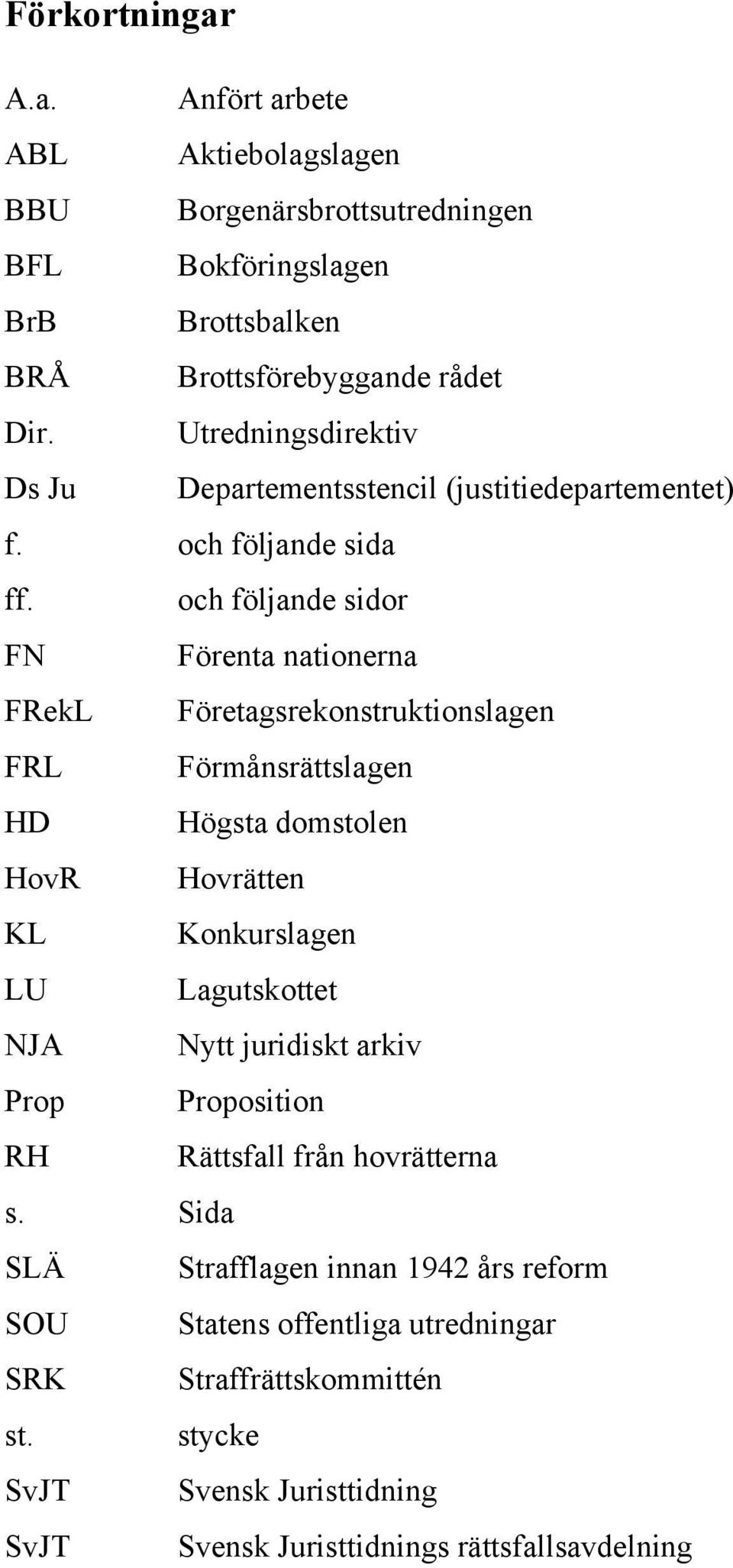 och följande sidor FN Förenta nationerna FRekL Företagsrekonstruktionslagen FRL Förmånsrättslagen HD Högsta domstolen HovR Hovrätten KL Konkurslagen LU Lagutskottet NJA