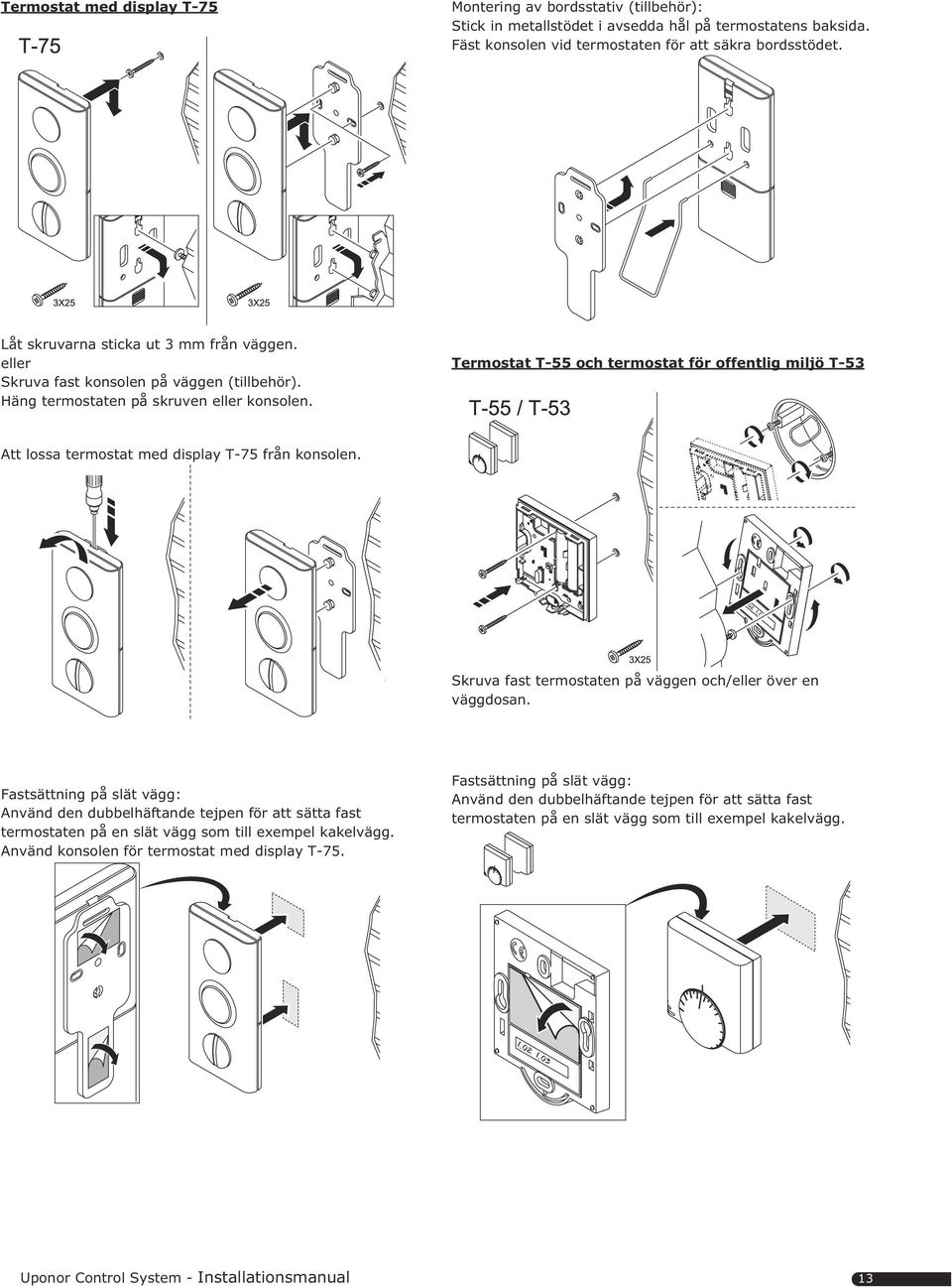 Termostat T-55 och termostat för offentlig miljö T-5 Att lossa termostat med display T-75 från konsolen. Skruva fast termostaten på väggen och/eller över en väggdosan.