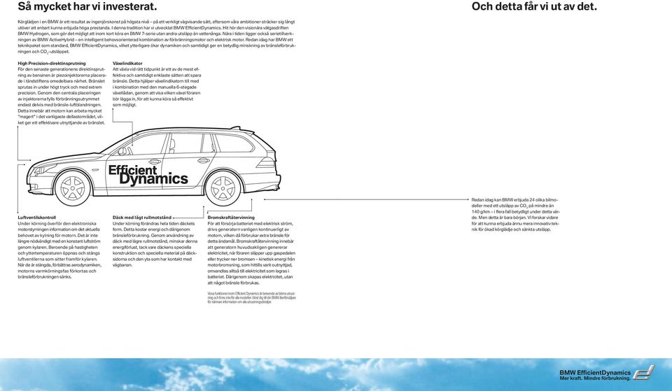 I denna tradition har vi utvecklat BMW EfficientDynamics. Hit hör den visionära vätgasdriften BMW Hydrogen, som gör det möjligt att inom kort köra en BMW 7-serie utan andra utsläpp än vattenånga.