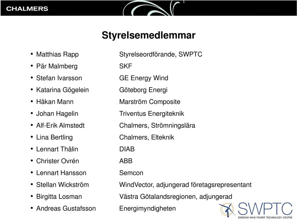 Styrelseordförande, SWPTC SKF GE Energy Wind Göteborg Energi Marström Composite Triventus Energiteknik Chalmers,