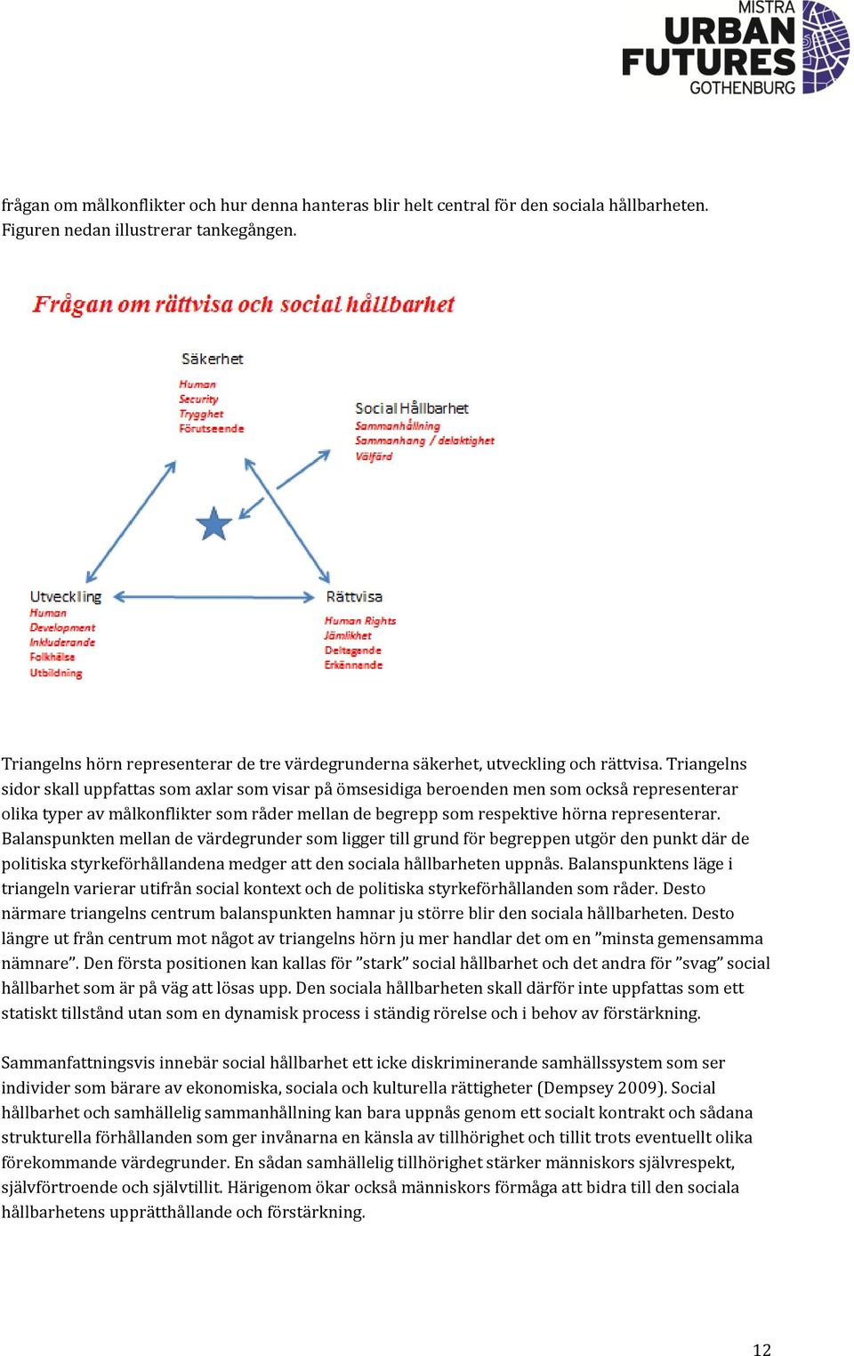 Triangelns sidor skall uppfattas som axlar som visar på ömsesidiga beroenden men som också representerar olika typer av målkonflikter som råder mellan de begrepp som respektive hörna representerar.