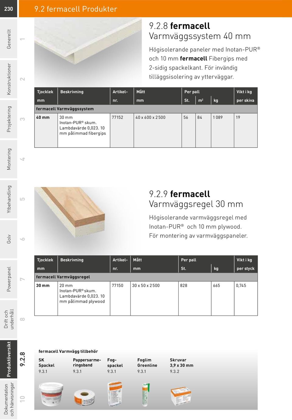 Lambdavärde 0,023. 10 mm pålimmad fibergips 77152 40 x 600 x 2 500 56 84 1 089 19 9.2.9 fermacell Varmväggsregel 30 mm Högisolerande varmväggsregel med Inotan-PUR och 10 mm plywood.