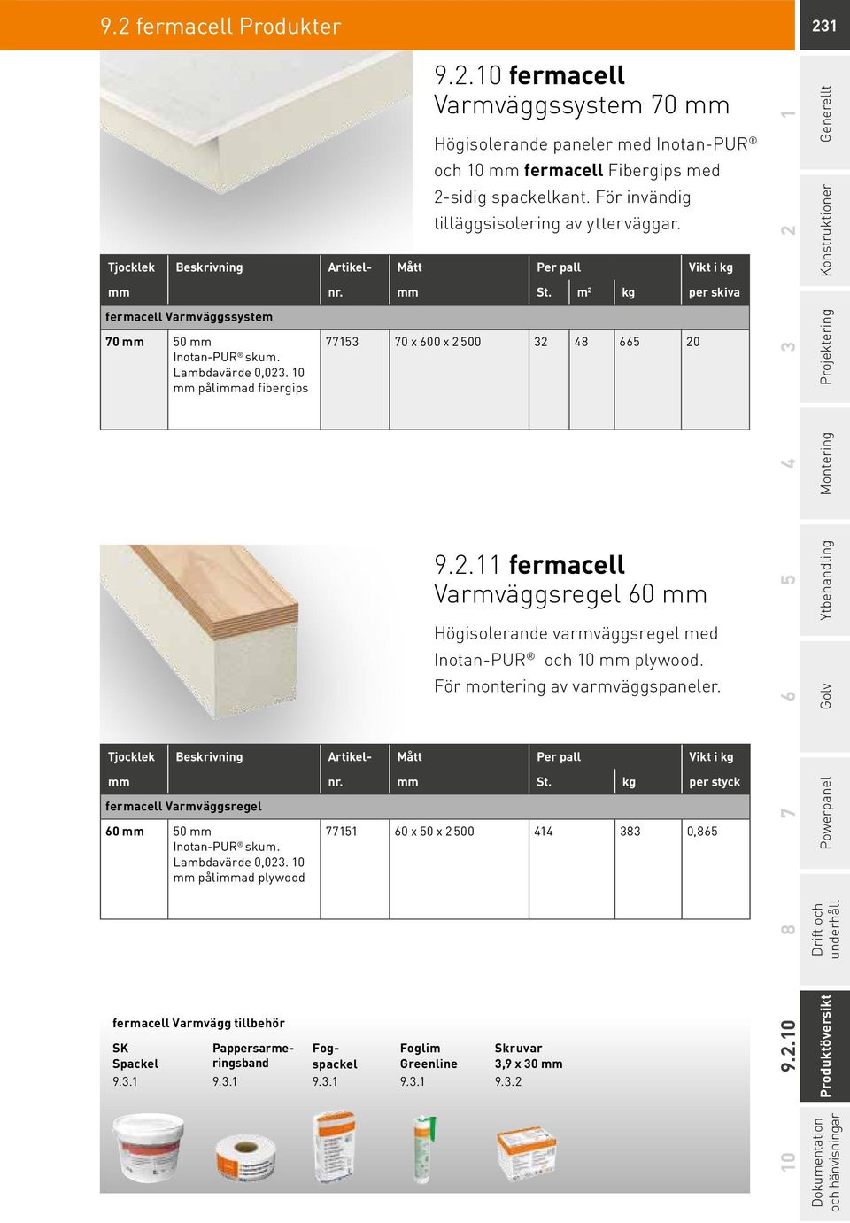Lambdavärde 0,023. 10 mm pålimmad fibergips 77153 70 x 600 x 2 500 32 48 665 20 9.2.11 fermacell Varmväggsregel 60 mm Högisolerande varmväggsregel med Inotan-PUR och 10 mm plywood.