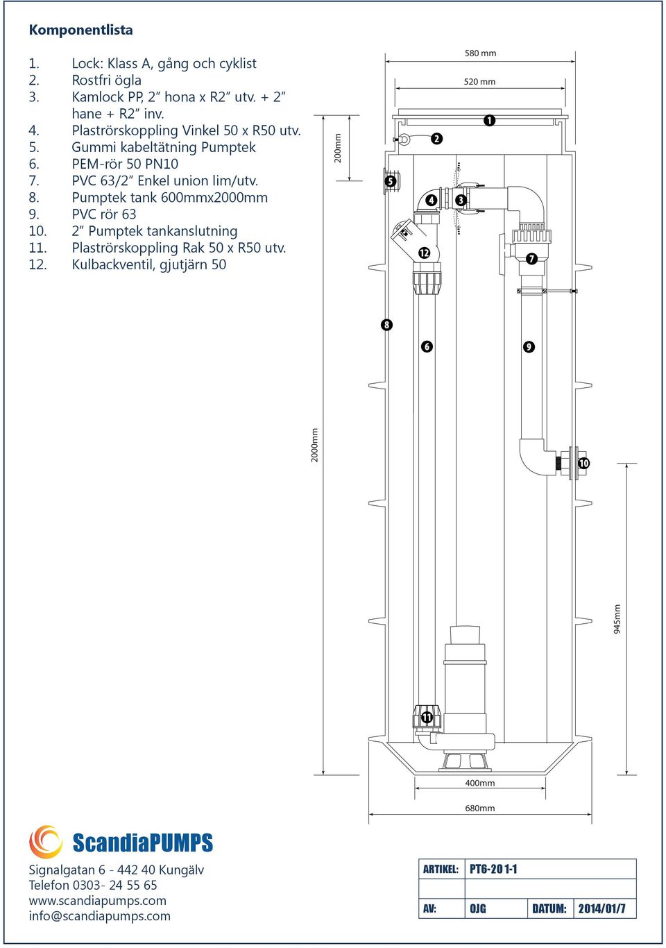 PVC rör 63 10. 2 Pumptek tankanslutning 11. Plaströrskoppling Rak 50 x R50 utv. 12.