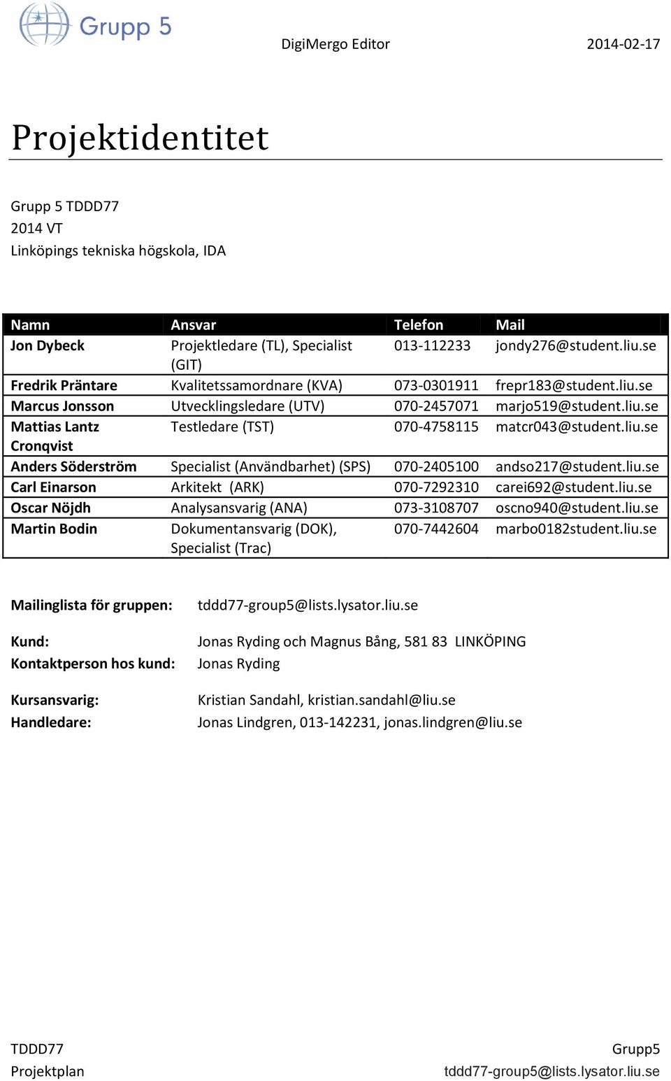 liu.se Cronqvist Anders Söderström Specialist (Användbarhet) (SPS) 070-2405100 andso217@student.liu.se Carl Einarson Arkitekt (ARK) 070-7292310 carei692@student.liu.se Oscar Nöjdh Analysansvarig (ANA) 073-3108707 oscno940@student.