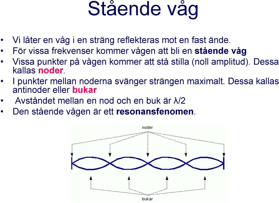 stilla (noll amplitud). Dessa kallas noder. I punkter mellan noderna svänger strängen maximalt.