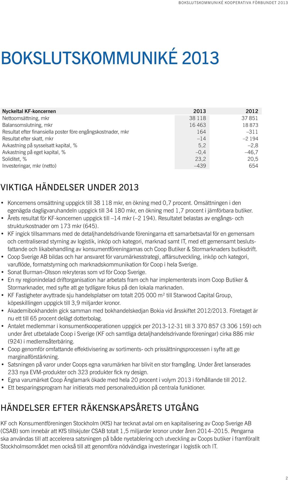 2013 Koncernens omsättning uppgick till 38 118 mkr, en ökning med 0,7 procent. Omsättningen i den egenägda dagligvaruhandeln uppgick till 34 180 mkr, en ökning med 1,7 procent i jämförbara butiker.