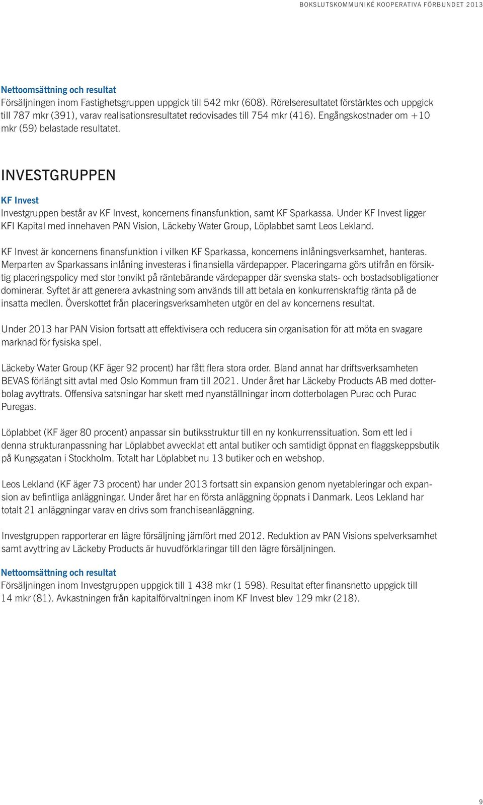 INVESTGRUPPEN KF Invest Investgruppen består av KF Invest, koncernens finansfunktion, samt KF Sparkassa.