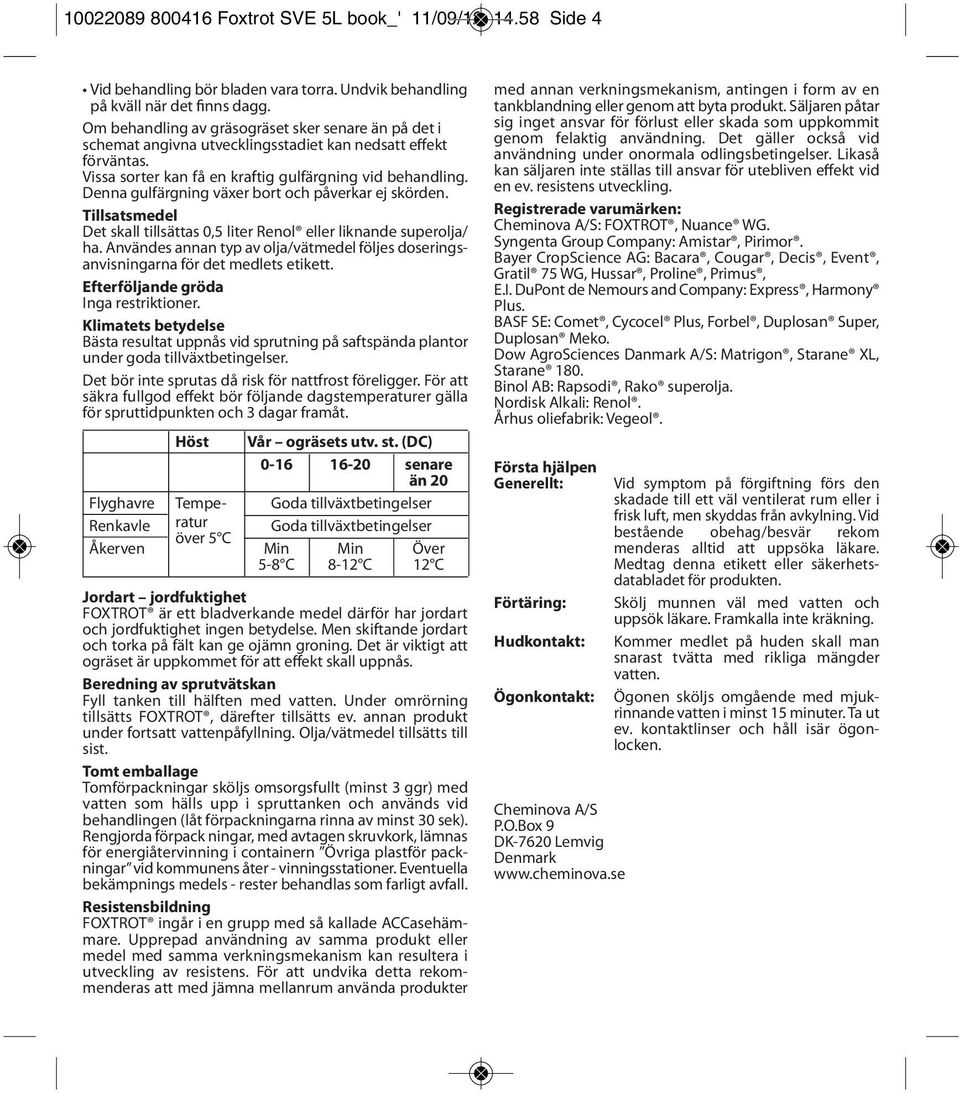 Denna gulfärgning växer bort och påverkar ej skörden. Tillsatsmedel Det skall tillsättas 0,5 liter Renol eller liknande superolja/ ha.