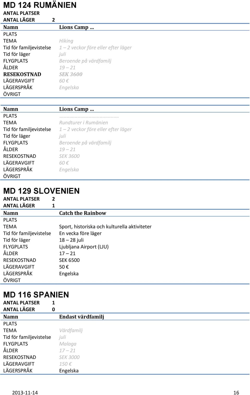 .. Rundturer i Rumänien 1 2 veckor före eller efter läger juli FLYG Beroende på värdfamilj ÅLDER 19 21 RESEKOSTNAD SEK 3600 LÄGERAVGIFT 60 MD 129 SLOVENIEN ANTAL ER