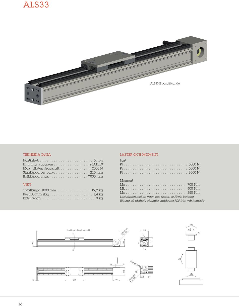 .. 1,4 kg Extra vagn... 3 kg LASTER OCH MOMENT Last Pt... 5000 N Pr... 5000 N Pl... 8000 N Moment Ma... 700 Nm Mb... 400 Nm Mc.