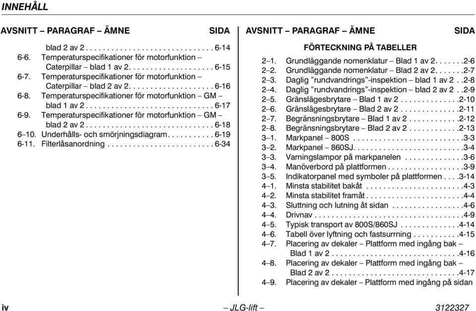 Temperaturspecifikationer för motorfunktion GM blad 2 av 2.............................. 6-18 6 10. Underhålls- och smörjningsdiagram........... 6-19 6-11. Filterlåsanordning.