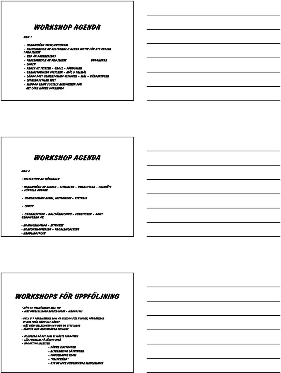 AKTIVITETER FÖR ATT LÄRA KÄNNA VARANDRA WORKSHOP AGENDA DAG 2 REFLEKTION AV GÅRDAGEN GENOMGÅNG AV RISKER ELIMINERA KVANTIFIERA PRISSÄTT FÖRDELA ANSVAR GEMENSAMMA AVTAL, INCITAMENT RIKTPRIS LUNCH