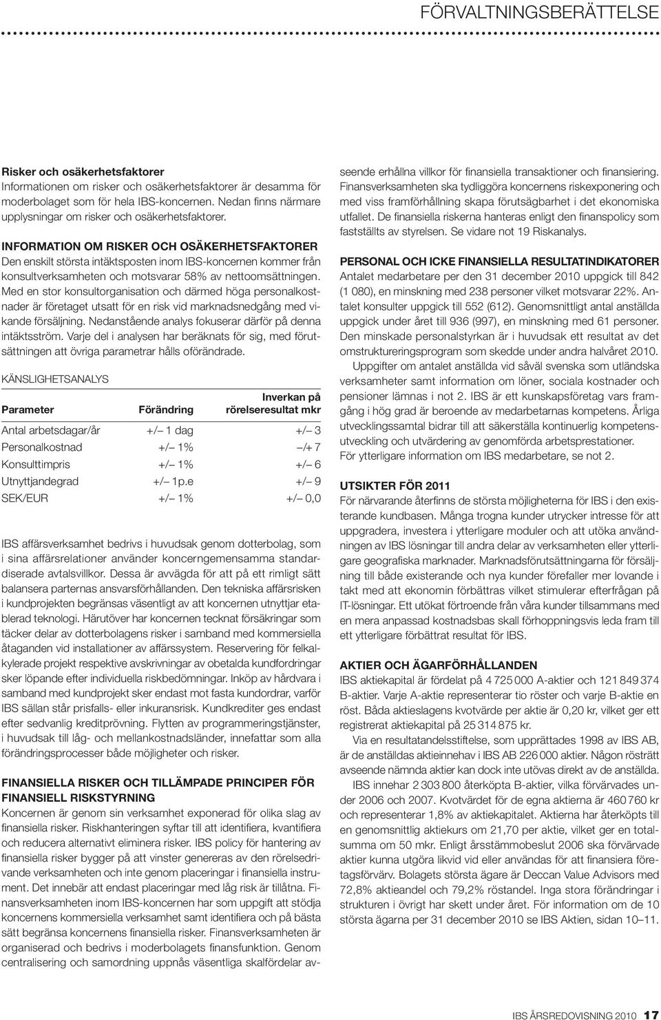 INFORMATION OM RISKER OCH OSÄKERHETSFAKTORER Den enskilt största intäktsposten inom IBS-koncernen kommer från konsultverksamheten och motsvarar 58% av nettoomsättningen.