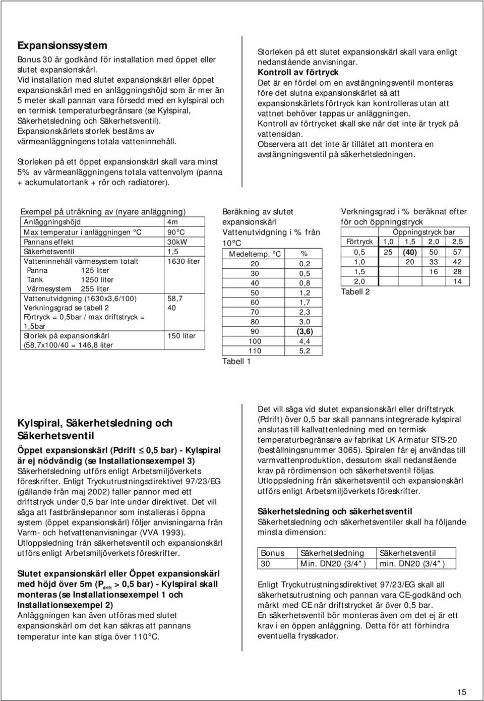 Kylspiral, Säkerhetsledning och Säkerhetsventil). Expansionskärlets storlek bestäms av värmeanläggningens totala vatteninnehåll.