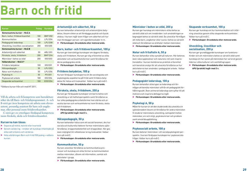 betydelse 100 IOS1201 Hälsopedagogik 50 LPL1203 Natur och friluftsliv A 50 LPL1206 Psykologi A 50 PS1201 Psykosocialt arbete 100 IOS1204 Skapande verksamhet 100 EOS1204 *Sökbara kurser från och med