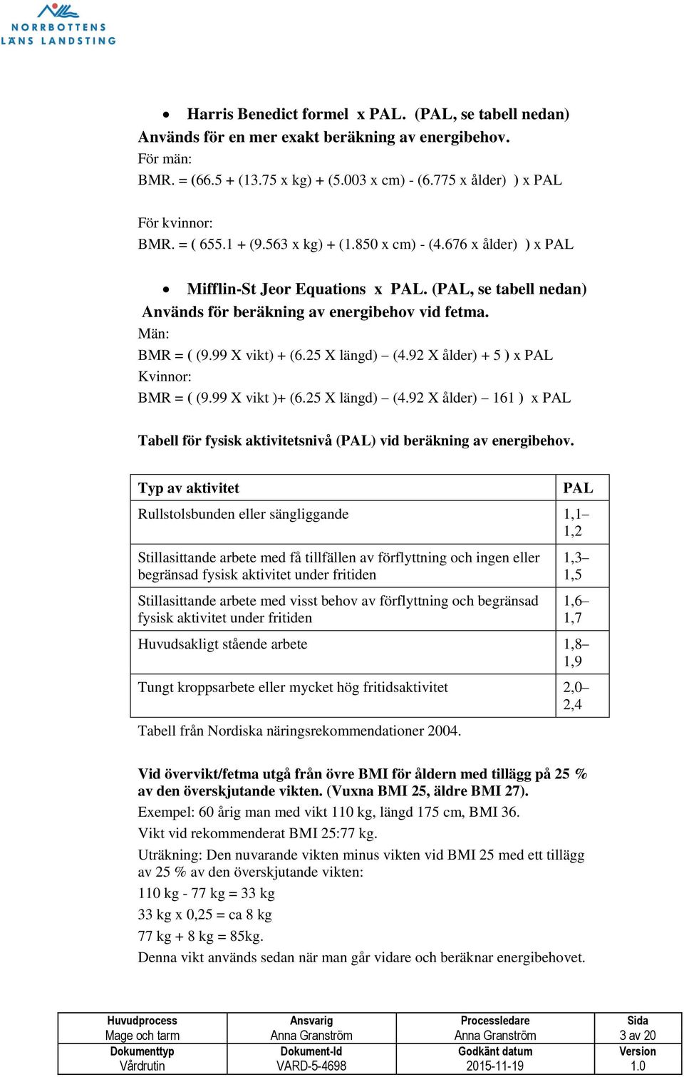 99 X vikt) + (6.25 X längd) (4.92 X ålder) + 5 ) x PAL Kvinnor: BMR = ( (9.99 X vikt )+ (6.25 X längd) (4.92 X ålder) 161 ) x PAL Tabell för fysisk aktivitetsnivå (PAL) vid beräkning av energibehov.