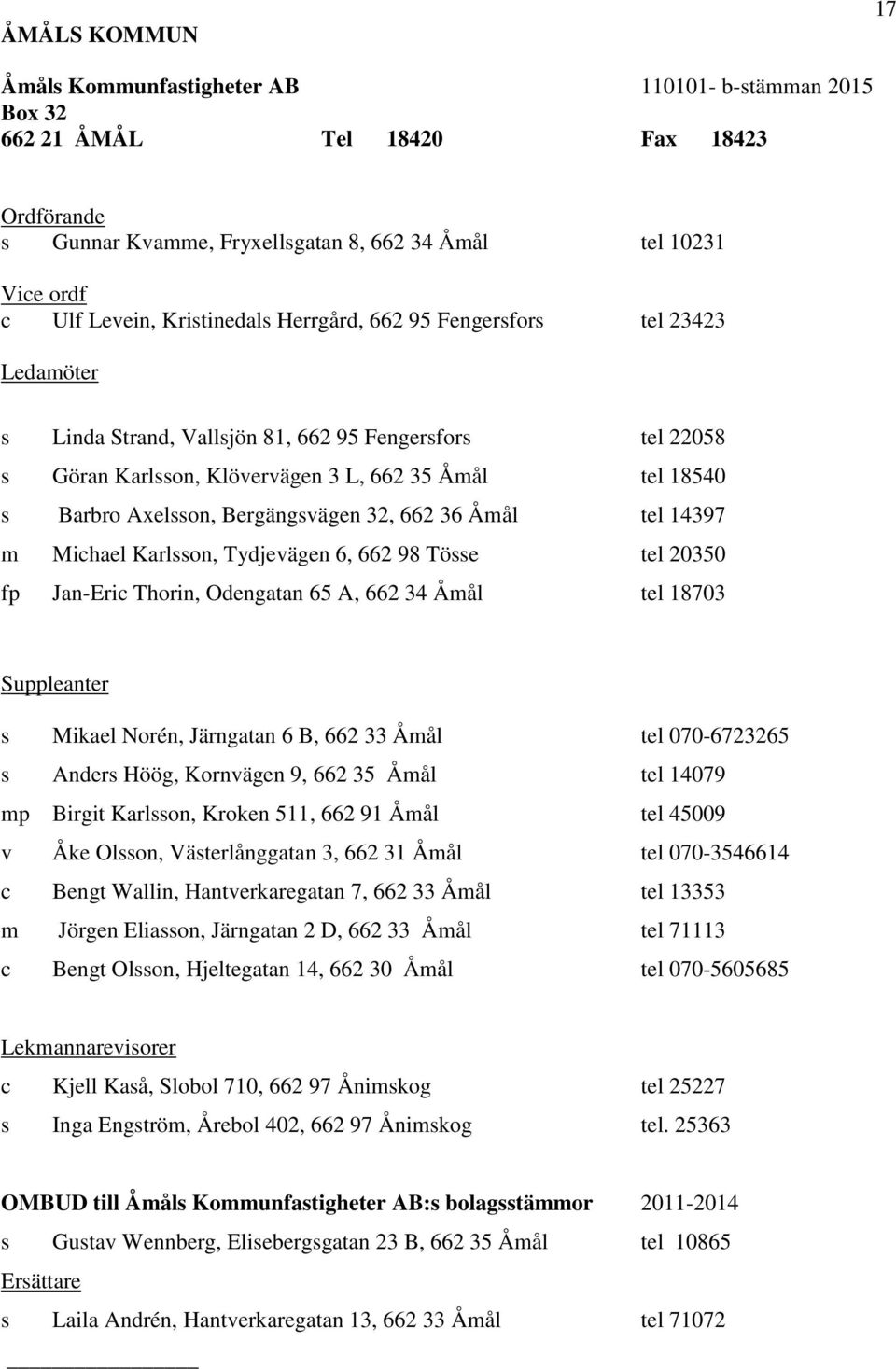 m Michael Karlsson, Tydjevägen 6, 662 98 Tösse tel 20350 fp Jan-Eric Thorin, Odengatan 65 A, 662 34 Åmål tel 18703 Suppleanter s Mikael Norén, Järngatan 6 B, 662 33 Åmål tel 070-6723265 s Anders