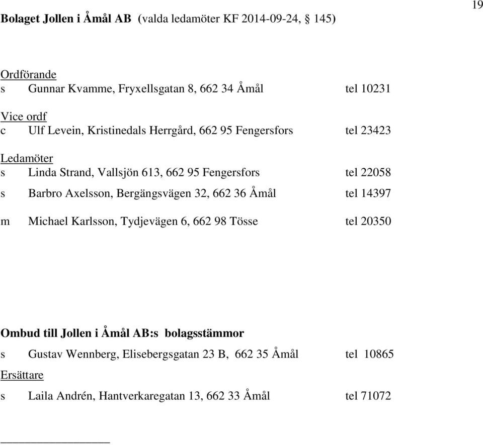 Axelsson, Bergängsvägen 32, 662 36 Åmål tel 14397 m Michael Karlsson, Tydjevägen 6, 662 98 Tösse tel 20350 Ombud till Jollen i Åmål