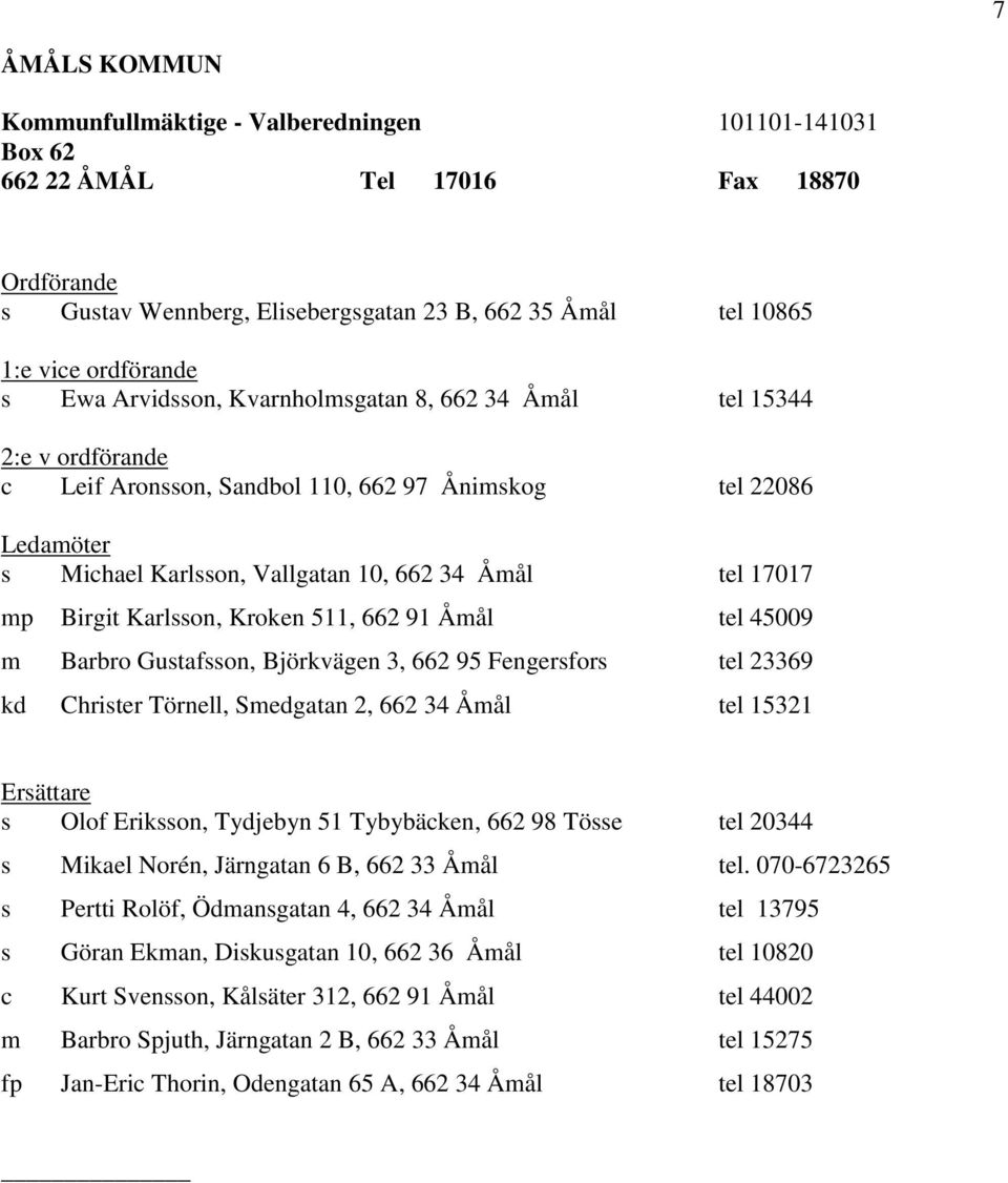 Fengersfors tel 23369 kd Christer Törnell, Smedgatan 2, 662 34 Åmål tel 15321 s Olof Eriksson, Tydjebyn 51 Tybybäcken, 662 98 Tösse tel 20344 s Mikael Norén, Järngatan 6 B, 662 33 Åmål tel.