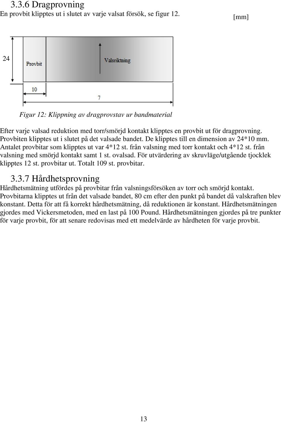 Provbiten klipptes ut i slutet på det valsade bandet. De klipptes till en dimension av 24*10 mm. Antalet provbitar som klipptes ut var 4*12 st. från valsning med torr kontakt och 4*12 st.