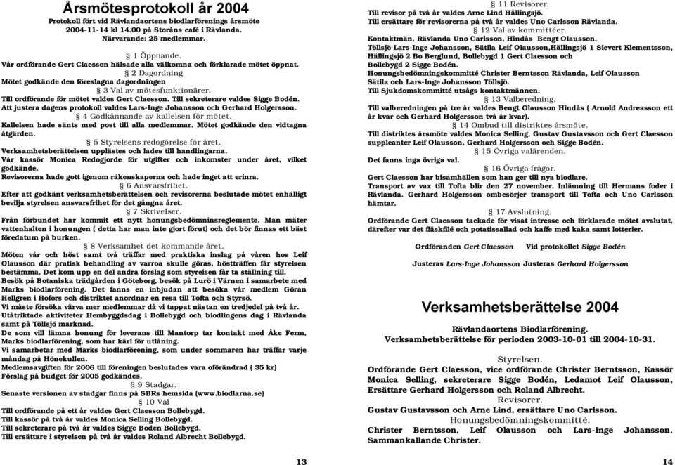 Till ordförande för mötet valdes Gert Claesson. Till sekreterare valdes Sigge Bodén. Att justera dagens protokoll valdes Lars-Inge Johansson och Gerhard Holgersson.