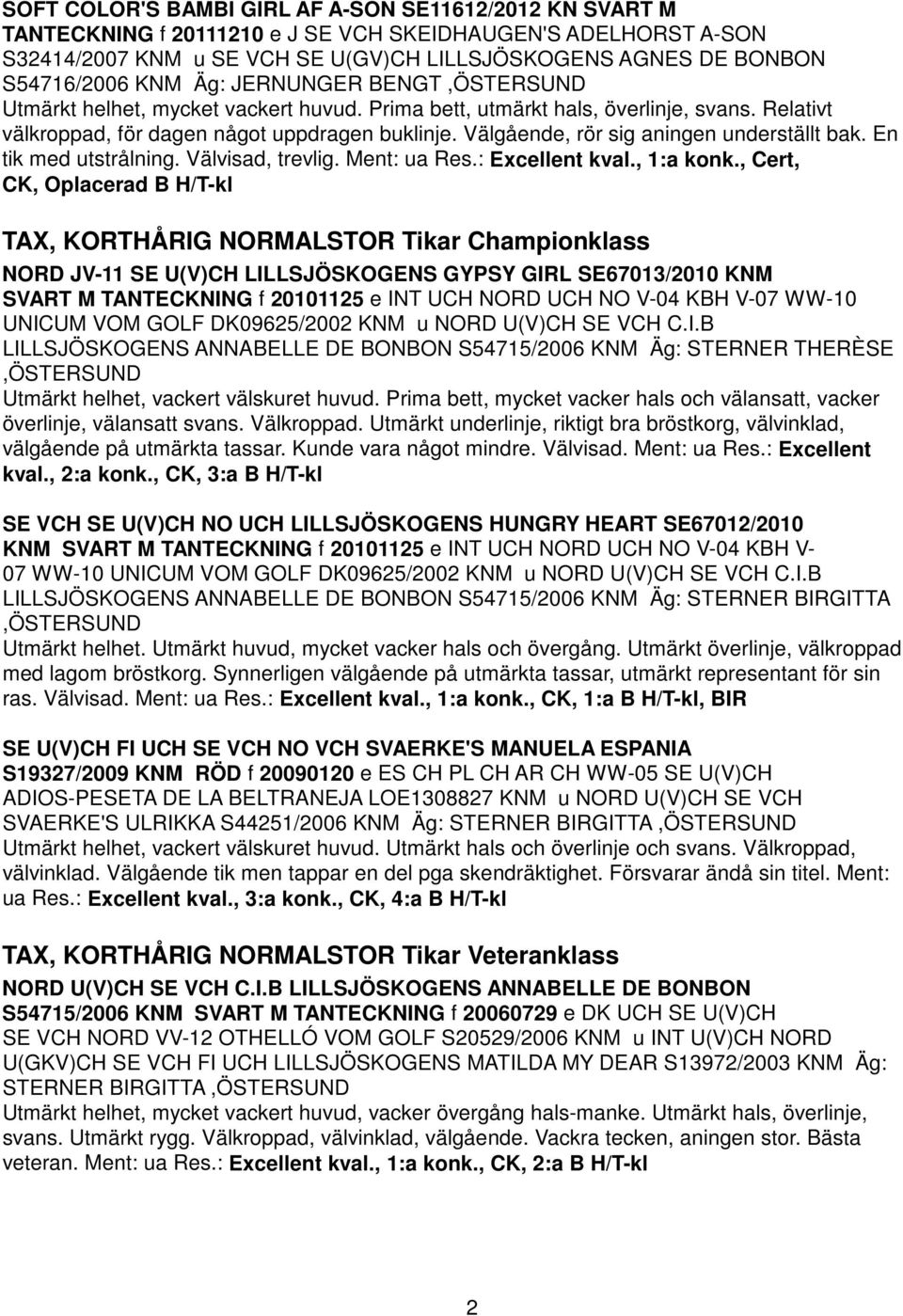 Välgående, rör sig aningen underställt bak. En tik med utstrålning. Välvisad, trevlig. Ment: ua Res.: Excellent kval., 1:a konk.