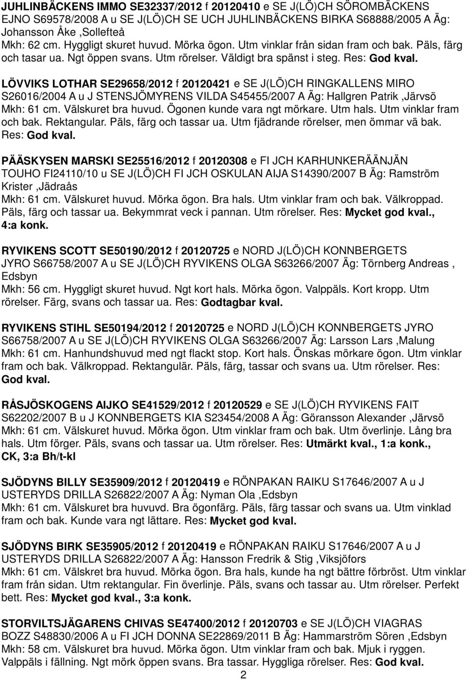 LÖVVIKS LOTHAR SE29658/2012 f 20120421 e SE J(LÖ)CH RINGKALLENS MIRO S26016/2004 A u J STENSJÖMYRENS VILDA S45455/2007 A Äg: Hallgren Patrik,Järvsö Mkh: 61 cm. Välskuret bra huvud.