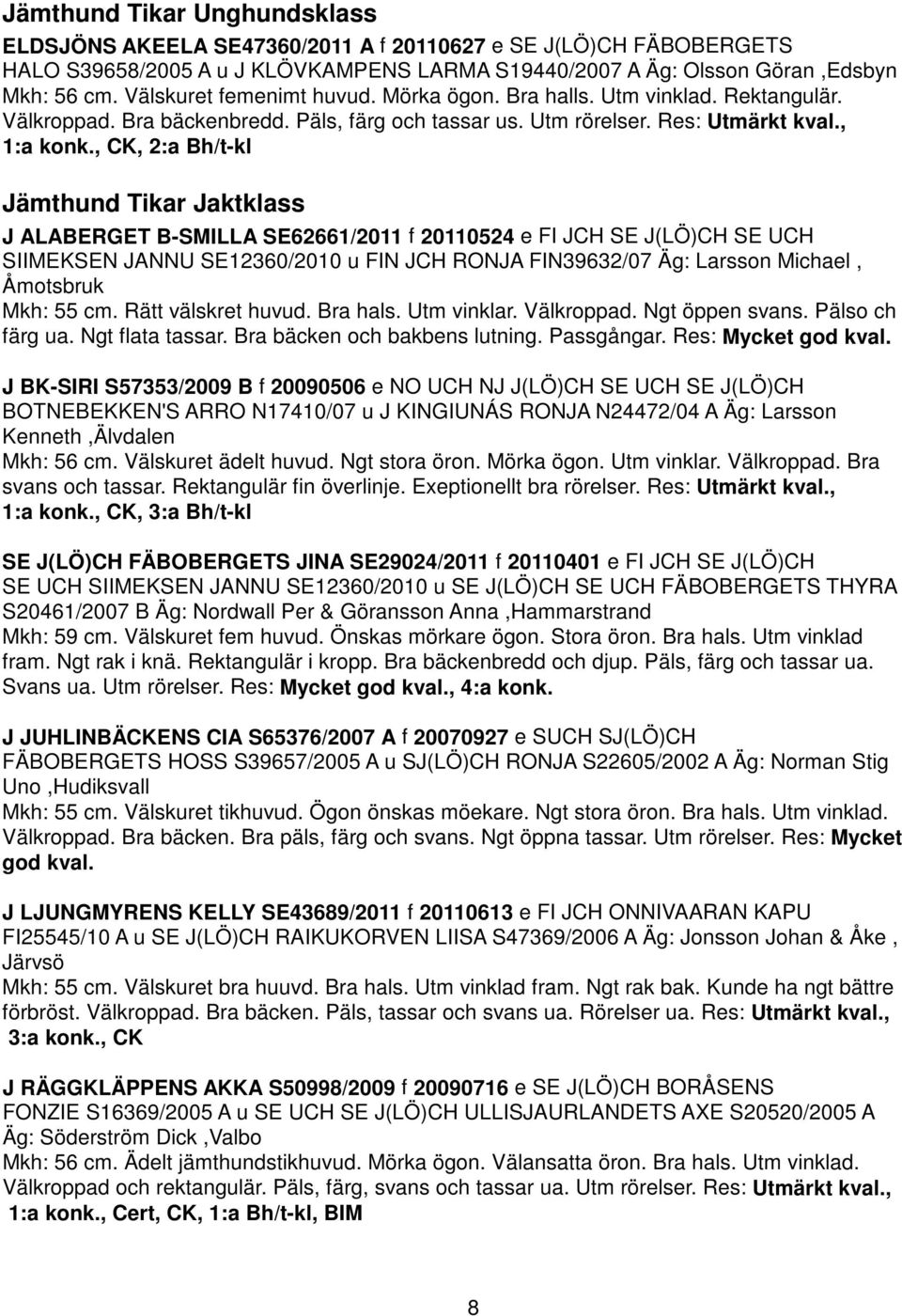 , CK, 2:a Bh/t-kl Jämthund Tikar Jaktklass J ALABERGET B-SMILLA SE62661/2011 f 20110524 e FI JCH SE J(LÖ)CH SE UCH SIIMEKSEN JANNU SE12360/2010 u FIN JCH RONJA FIN39632/07 Äg: Larsson Michael,