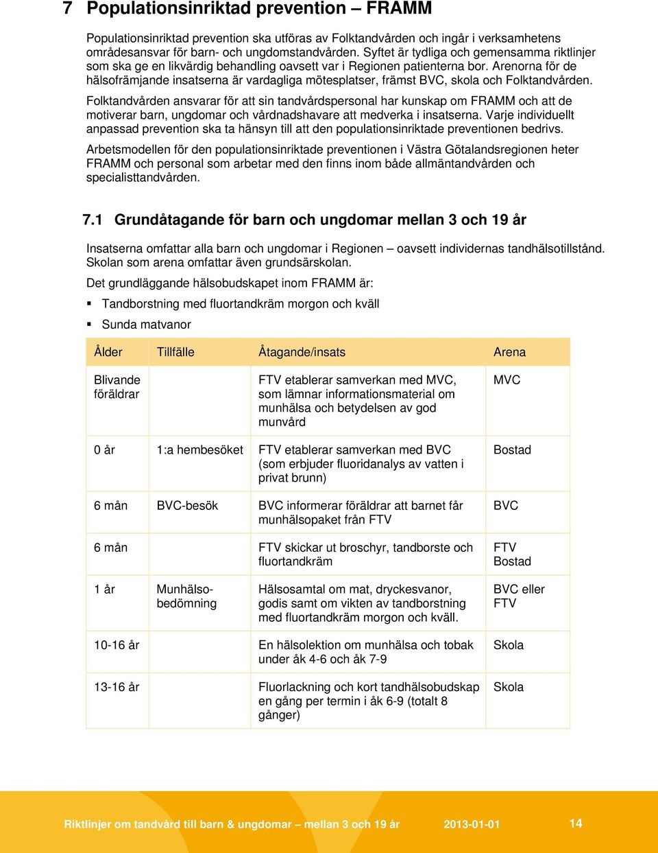 Arenorna för de hälsofrämjande insatserna är vardagliga mötesplatser, främst BVC, skola och Folktandvården.